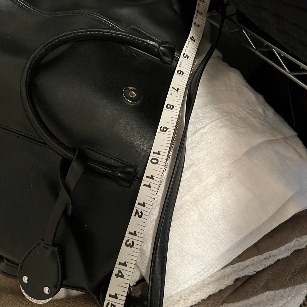 Emma and Sophia black leather satchel tote purse. With strap.